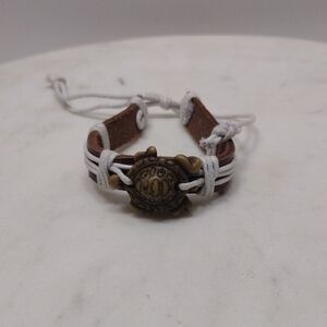 Walnut Sea Turtle Brown Leather White String Adjustable Bracelet BA-18